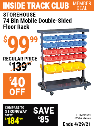 Inside Track Club members can buy the STOREHOUSE 74 Bin Mobile Double-Sided Floor Rack (Item 62269/95551) for $99.99, valid through 4/29/2021.