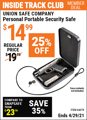 Inside Track Club members can buy the UNION SAFE COMPANY Personal Portable Security Safe (Item 64079) for $14.99, valid through 4/29/2021.