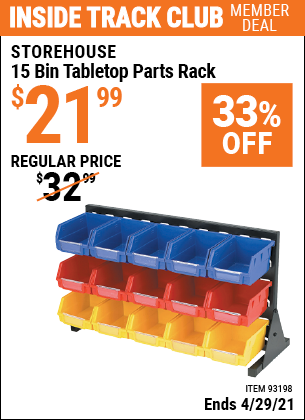 Inside Track Club members can buy the STOREHOUSE 15 Bin Tabletop Parts Rack (Item 93198) for $21.99, valid through 4/29/2021.