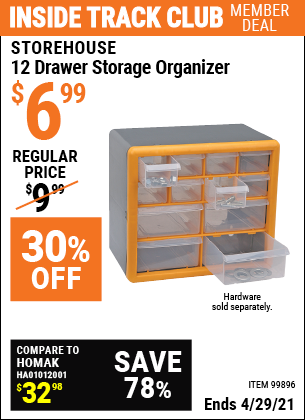 Inside Track Club members can buy the STOREHOUSE 12 Drawer Storage Organizer (Item 99896) for $6.99, valid through 4/29/2021.