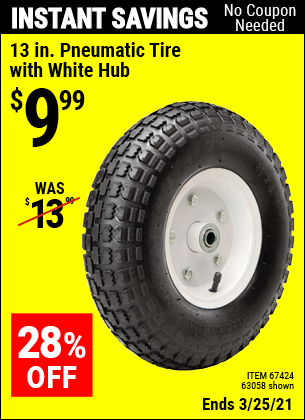 13 in. Heavy Duty Pneumatic Tire with White Hub for $9.99 – Harbor Freight Coupons