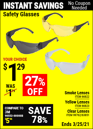 WESTERN SAFETY Safety Glasses with Clear, Yellow, or Smoke Lenses for $1.29 ends 3/25/21