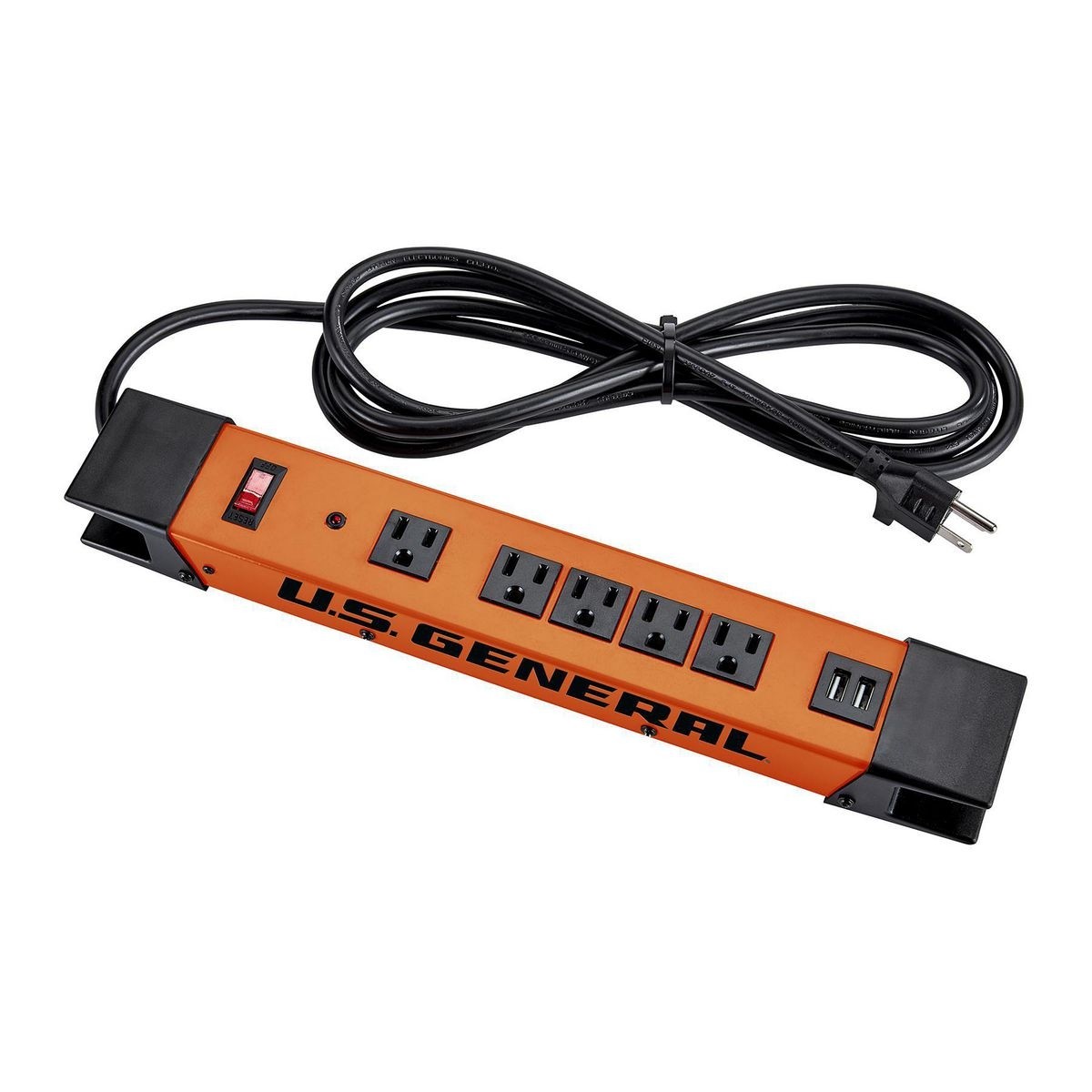 U.S. GENERAL 5 Outlet Magnetic Power Strip With Metal Housing And 2 USB Ports – Orange – Item 57250