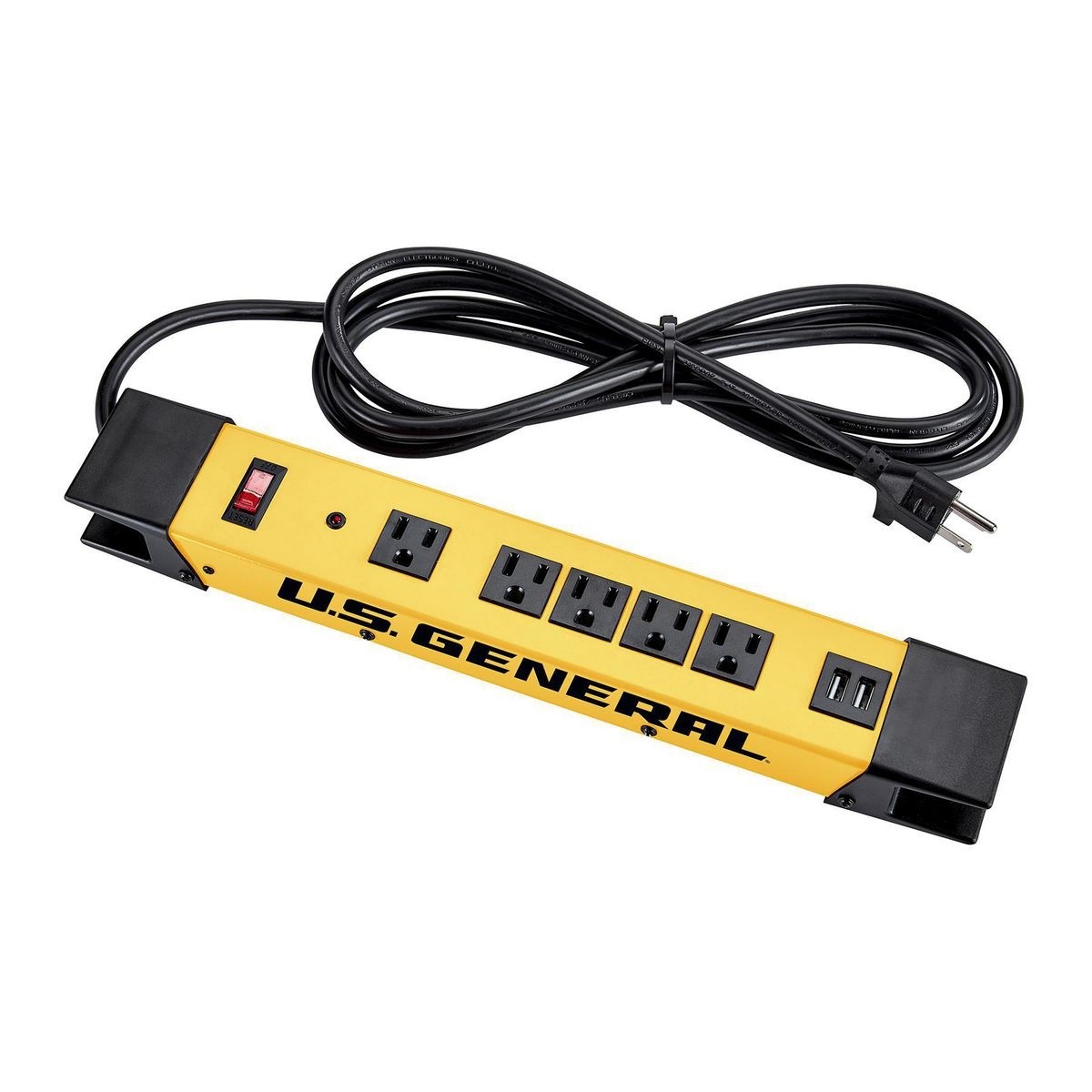 U.S. GENERAL 5 Outlet Magnetic Power Strip With Metal Housing And 2 USB Ports – Yellow – Item 57251
