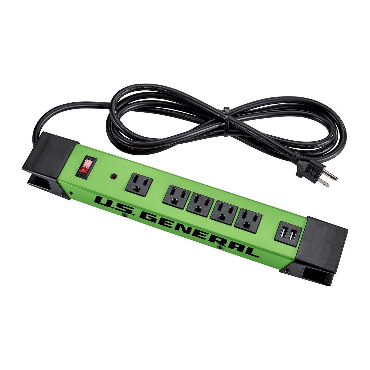 U.S. GENERAL 5 Outlet Magnetic Power Strip With Metal Housing And 2 USB Ports – Green – Item 57252