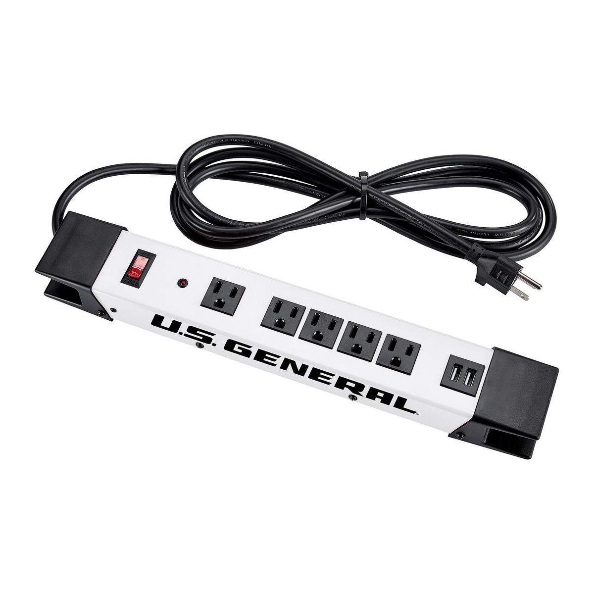 U.S. GENERAL 5 Outlet Magnetic Power Strip With Metal Housing And 2 USB Ports – White – Item 57256