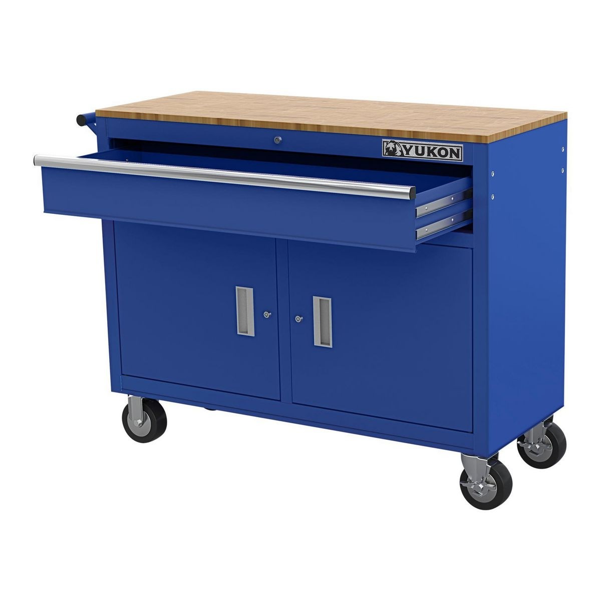 YUKON 46 In. Mobile Workbench With Solid Wood Top - Blue – Item 57780