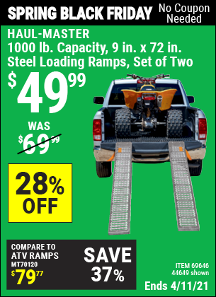 Buy the HAUL-MASTER 1000 lb. Capacity 9 in. x 72 in. Steel Loading Ramps Set of Two (Item 44649/69646) for $49.99, valid through 4/11/2021.