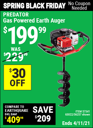 PREDATOR Gas Powered Earth Auger for $199.99 – Harbor Freight Coupons