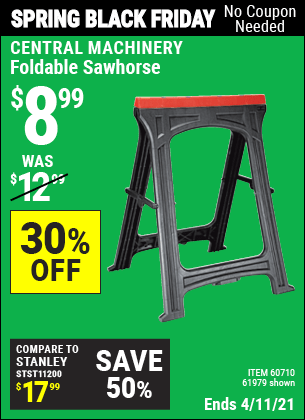 CENTRAL MACHINERY Foldable Sawhorse for $8.99 – Harbor Freight Coupons