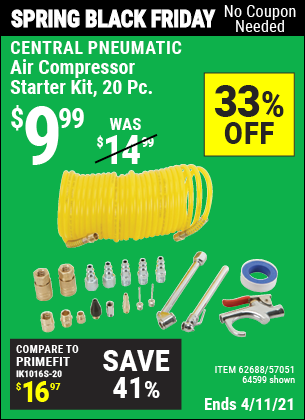 Buy the CENTRAL PNEUMATIC Air Compressor Starter Kit 20 Pc. (Item 64599/62688/57051) for $9.99, valid through 4/11/2021.