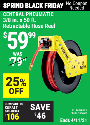 Buy the CENTRAL PNEUMATIC 3/8 In. X 50 Ft. Retractable Hose Reel (Item 93897/62344/64685) for $59.99, valid through 4/11/2021.