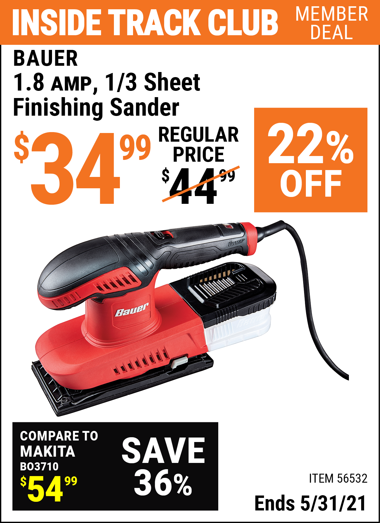 BAUER 1.8 Amp 1/3 Sheet Heavy Duty Finishing Sander for 34.99 Harbor