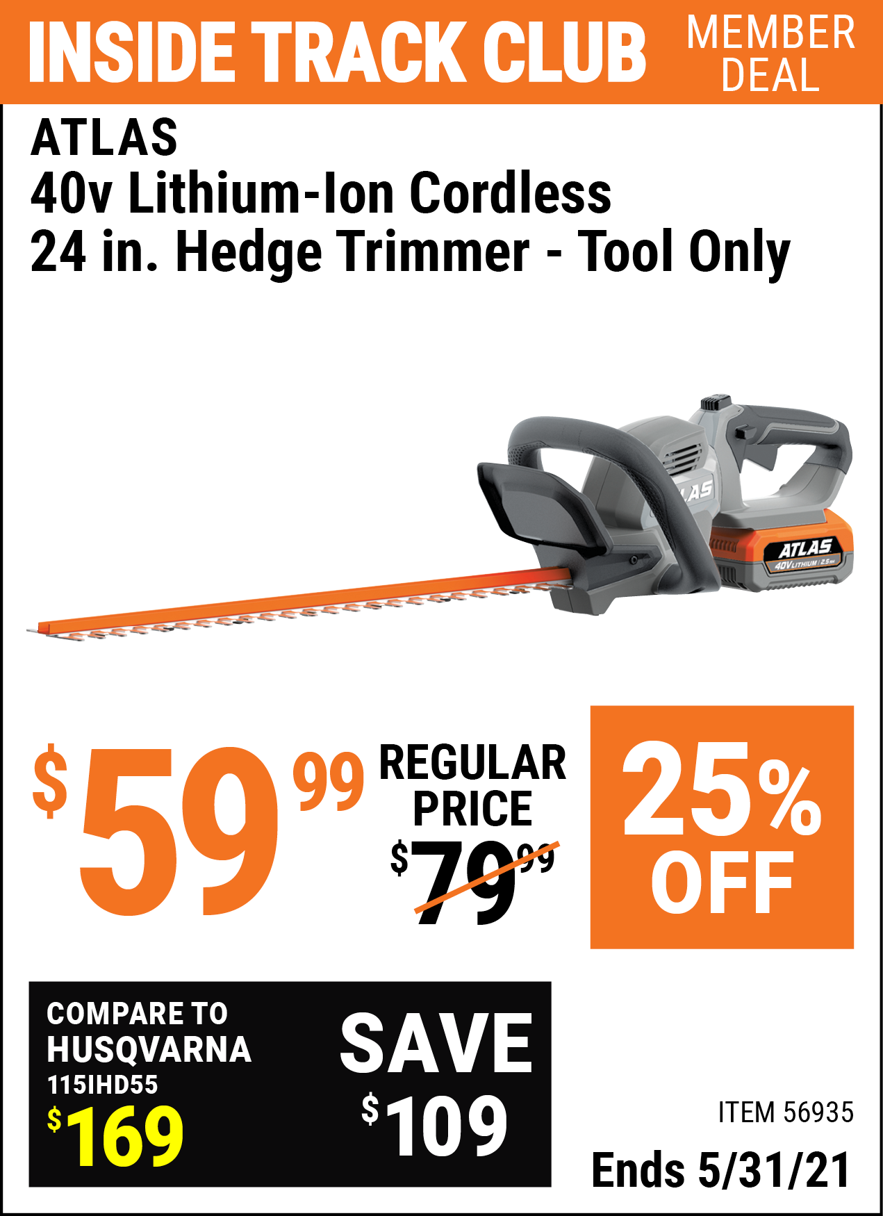ATLAS 40v LithiumIon Cordless 24 In. Hedge Trimmer Tool Only for 59.