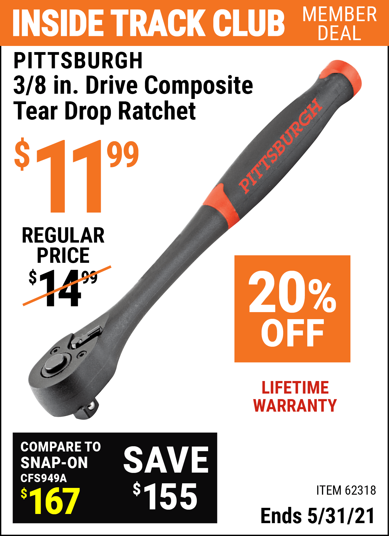 PITTSBURGH 3/8 in. Drive Professional Composite Tear Drop Ratchet for