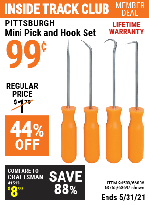 Inside Track Club members can buy the PITTSBURGH Mini Pick and Hook Set (Item 63697/94500/66836/63765) for $0.99, valid through 5/31/2021.