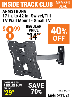 Inside Track Club members can buy the ARMSTRONG 17 In. To 42 In. Swivel/Tilt TV Wall Mount (Item 64238) for $8.99, valid through 5/31/2021.