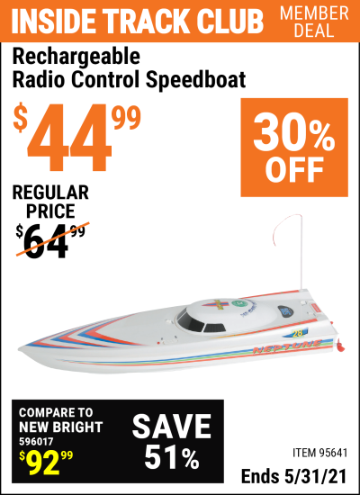 Inside Track Club members can buy the Rechargeable Radio Control Speedboat (Item 95641) for $44.99, valid through 5/31/2021.