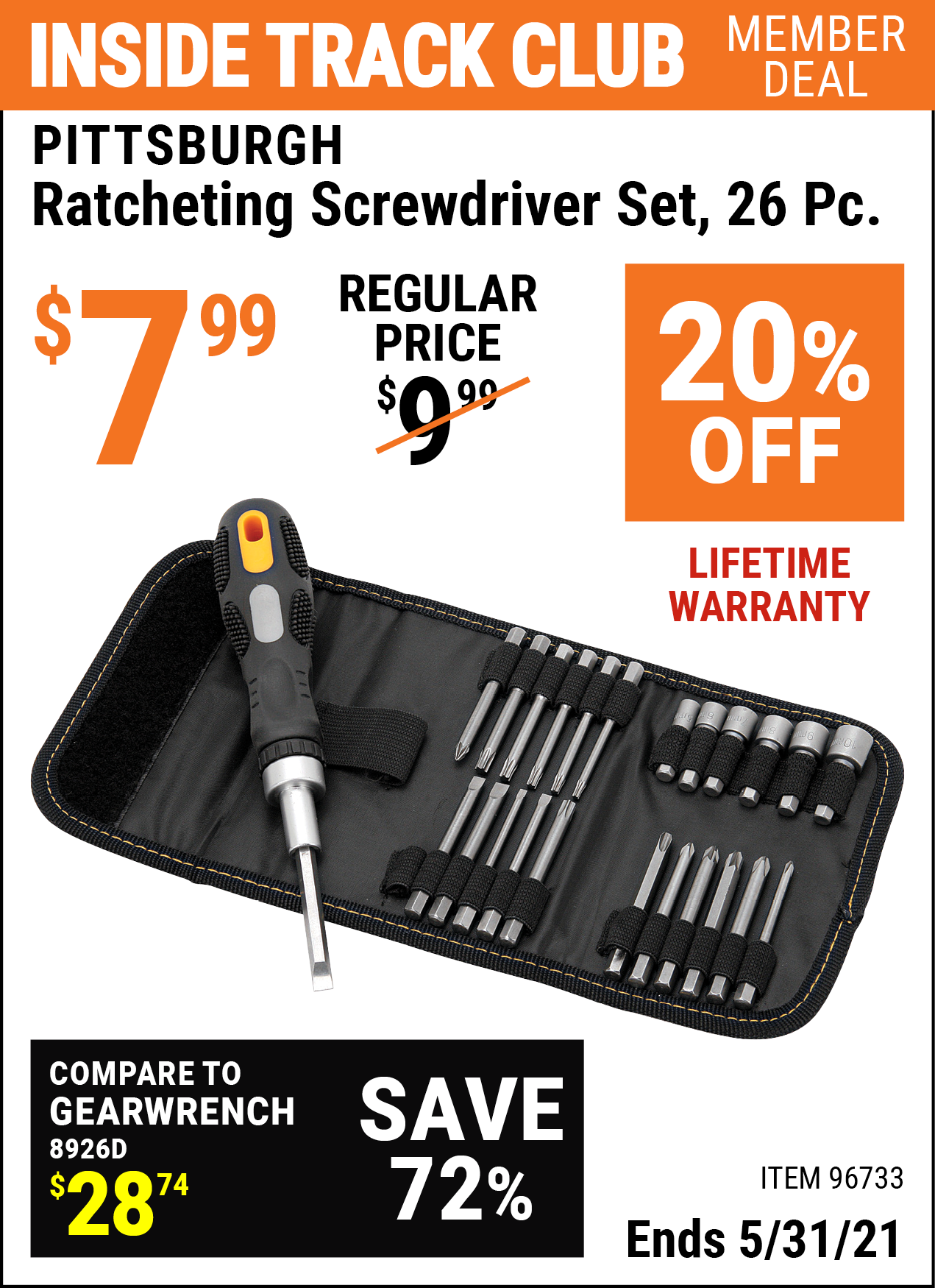 PITTSBURGH Ratcheting Screwdriver Set 26 Pc. for 7.99 Harbor Freight