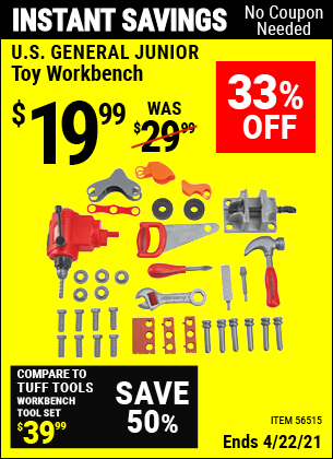 Buy the U.S. GENERAL JUNIOR Toy Workbench (Item 56515) for $19.99, valid through 4/22/2021.