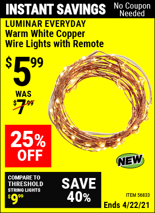 Buy the LUMINAR EVERYDAY Warm White Copper Wire Lights With Remote (Item 56833) for $5.99, valid through 4/22/2021.