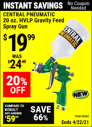 Buy the CENTRAL PNEUMATIC 20 Oz. HVLP Gravity Feed Spray Gun (Item 56982) for $19.99, valid through 4/22/2021.