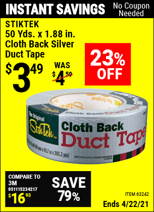Buy the STIKTEK 50 Yds. x 1.88 in. Cloth Back Silver Duct Tape (Item 63242) for $3.49, valid through 4/22/2021.