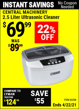 Buy the CENTRAL MACHINERY 2.5 Liter Ultrasonic Cleaner (Item 63256) for $69.99, valid through 4/22/2021.