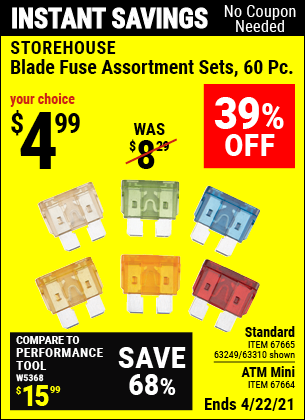 Buy the STOREHOUSE Standard Blade Fuse Assortment 60 Pc. (Item 63310/67665/63249) for $4.99, valid through 4/22/2021.