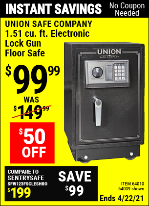 Buy the UNION SAFE COMPANY 1.51 cu. ft. Electronic Lock Gun Floor Safe (Item 64009/64010) for $99.99, valid through 4/22/2021.