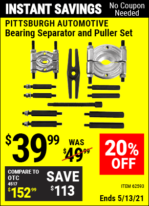 Buy the PITTSBURGH AUTOMOTIVE Bearing Separator and Puller Set (Item 62593) for $39.99, valid through 5/13/2021.