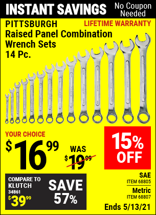 PITTSBURGH Raised Panel SAE Combination Wrench Set 14 Pc. for $16.99 ...