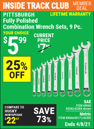 Inside Track Club members can buy the PITTSBURGH Fully Polished SAE Combination Wrench Set 9 Pc. (Item 42304/69043/63282/42305/69044/63171) for $5.99, valid through 4/8/2021.