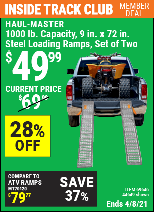 Inside Track Club members can buy the HAUL-MASTER 1000 lb. Capacity 9 in. x 72 in. Steel Loading Ramps Set of Two (Item 44649/69646) for $49.99, valid through 4/8/2021.