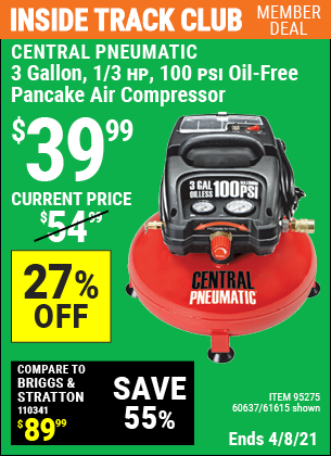 Inside Track Club members can buy the CENTRAL PNEUMATIC 3 Gal. 1/3 HP 100 PSI Oil-Free Pancake Air Compressor (Item 61615/95275/60637) for $39.99, valid through 4/8/2021.
