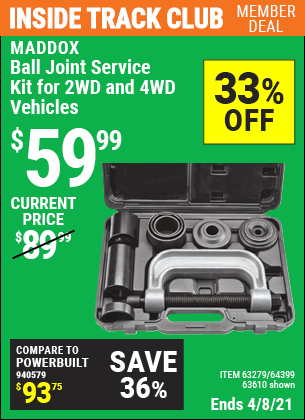 Inside Track Club members can buy the MADDOX Ball Joint Service Kit For 2WD And 4WD Vehicles (Item 63610/63279/64399) for $59.99, valid through 4/8/2021.