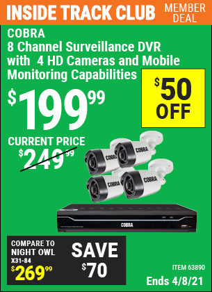 Inside Track Club members can buy the COBRA 8 Channel Surveillance DVR With 4 HD Cameras (Item 63890) for $199.99, valid through 4/8/2021.