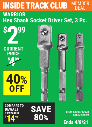 Inside Track Club members can buy the WARRIOR Hex Shank Socket Driver Set 3 Pc. (Item 68513/63909/63928) for $2.99, valid through 4/8/2021.