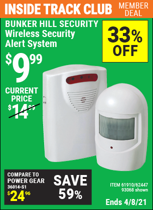 Inside Track Club members can buy the BUNKER HILL SECURITY Wireless Security Alert System (Item 93068/61910/62447) for $9.99, valid through 4/8/2021.
