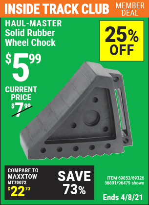 Inside Track Club members can buy the HAUL-MASTER Solid Rubber Wheel Chock (Item 96479/69326/69853/56891) for $5.99, valid through 4/8/2021.