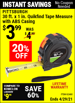 PITTSBURGH 30 ft. x 1 in. QuikFind Tape Measure with ABS Casing for $3. ...