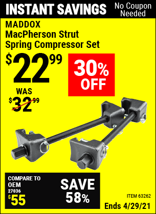 Buy the MADDOX MacPherson Strut Spring Compressor Set (Item 63262) for $22.99, valid through 4/29/2021.