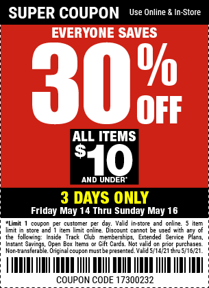 30 off items under 10 coupon thru sunday 5 16 21 harbor freight coupons