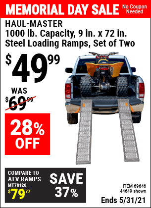 Buy the HAUL-MASTER 1000 lb. Capacity 9 in. x 72 in. Steel Loading Ramps Set of Two (Item 44649/69646) for $49.99, valid through 5/31/2021.