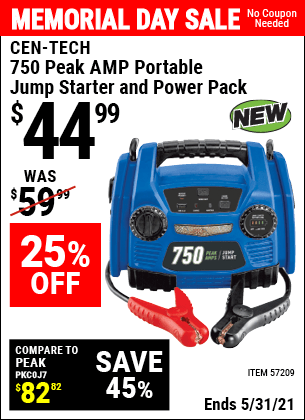 Buy the CEN-TECH 750 Peak Amp Jump Starter And 12v Power Pack USB LED Work Light (Item 57209) for $44.99, valid through 5/31/2021.