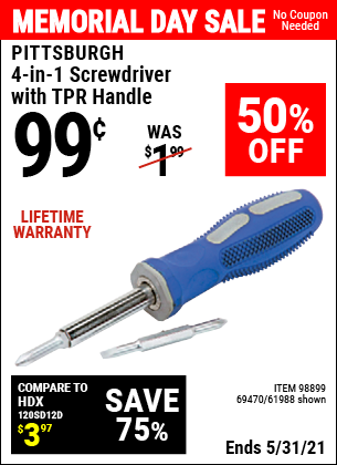 PITTSBURGH 4-in-1 Screwdriver with TPR Handle for $0.99 – Harbor ...