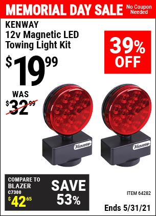 Buy the KENWAY 12V Magnetic LED Towing Light Kit (Item 64282) for $19.99, valid through 5/31/2021.