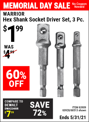 WARRIOR Hex Shank Socket Driver Set 3 Pc. for $1.99 – Harbor Freight ...
