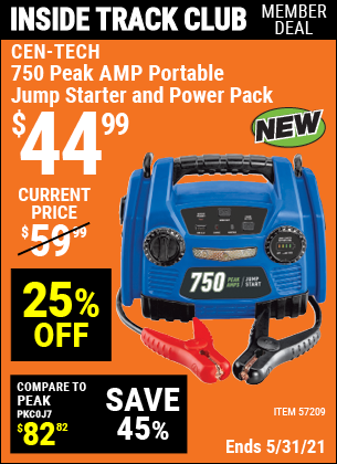 Inside Track Club members can buy the CEN-TECH 750 Peak Amp Jump Starter And 12v Power Pack USB LED Work Light (Item 57209) for $44.99, valid through 5/27/2021.