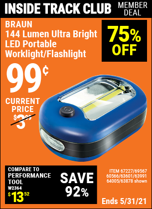 Inside Track Club members can buy the 144 Lumen Ultra Bright LED Portable Worklight/Flashlight (Item 63878/67227/69567/60566/63601/63991/64005) for $0.99, valid through 5/27/2021.